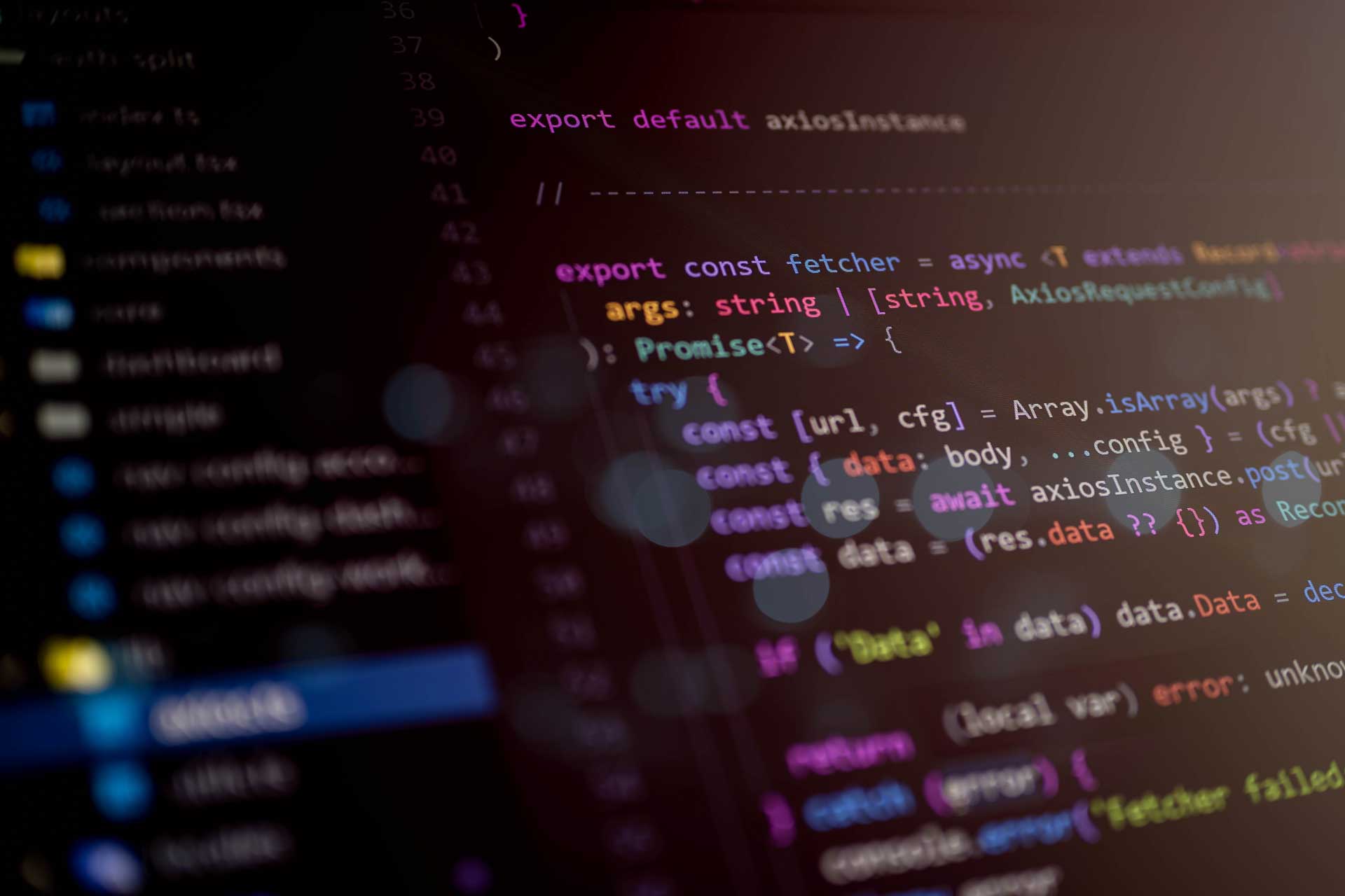 TypeScript-Code-Editor mit Axios-Logik zur API-Integration und Webentwicklung; Darstellung moderner Kommunikationslogik für Systemintegration und Schnittstellen-Programmierung.